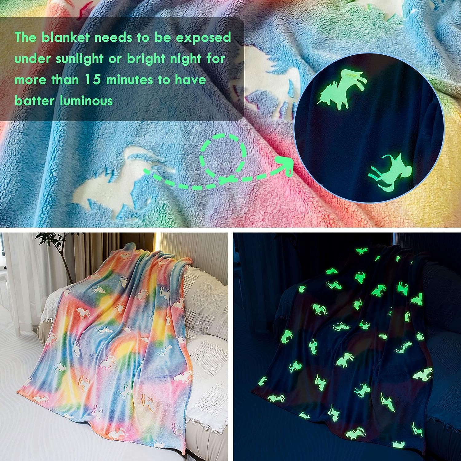 Glow In The Dark Throw Blanket, Blanket For Girls, Luminous Kids Blanket, Soft Blankets For 3,4,5,6,7,8,9,10 Year Old Girl Birthday Christmas Thanksgiving Gifts