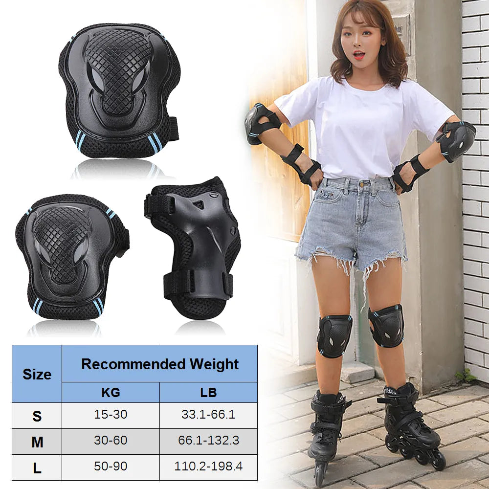 6PCS Safety Protector Kit Knee Elbow Wrist Pads Guards Protective Equipment for Skateboard Cycling Skating Scooter Knee Pads Set